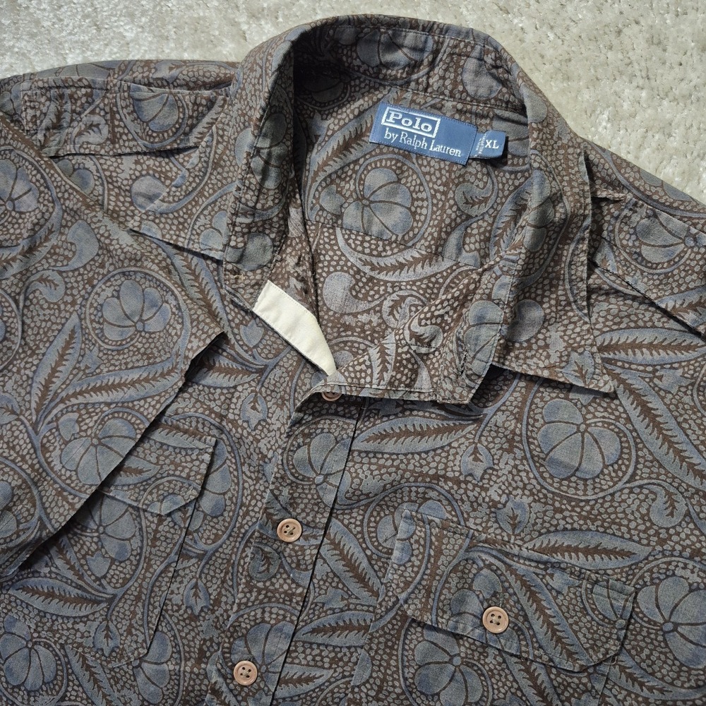 Polo Ralph Lauren Button Up Shirt Mens XL Brown Floral Paisley Dad 70s Camp